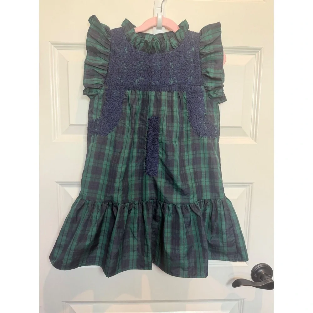 10.J. Marie Kids Green Navy Blue Plaid Lace Ruffle Dress JC1075 Size 5T